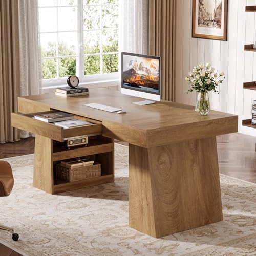 Tribesigns 55-Inch Executive Desk with Drawer, Large Office Computer Desk with Double Pedestal and Storage Shelves, Farmhouse Wooden Writing Table Workstation Business Furniture for Home Office, Brown
