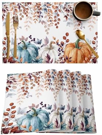 Fall Thanksgiving Placemats Set of 6, Watercolor Pumpkins Eucalyptus Leaves Heat Resistant Washable Linen Table Place Mats Party Holiday Decor for Home Kitchen Dining Outdoor Indoor, Blue Orange