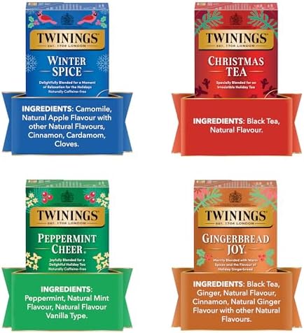 Twinings Holiday Variety Pack Tea Bags, Christmas Tea, Winter Spice, Gingerbread Joy, Peppermint Cheer, 20 Count (Pack of 4), Enjoy Hot or Iced, 80 Teabags