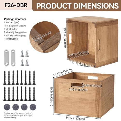 KIRIGEN Stackable Wood Storage Cube with Handles, Open Crate Bin, Brown