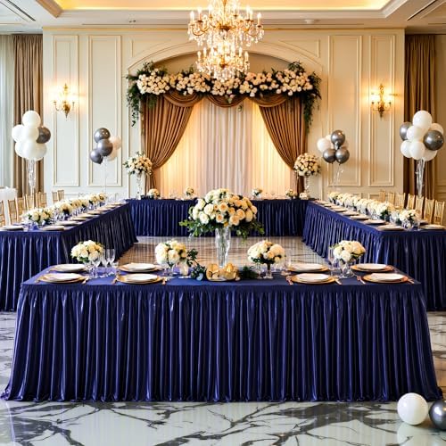 Wish Care 21ft Navy Blue Satin Long Table Skirt for Rectangle Tables Wrinkle Free Teacher Desk Skirt Glitter Ruffle Table Skirting Cloth for Back to School Classroom Office Birthday Party Table Decor
