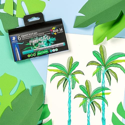 STAEDTLER Pigment Arts Brush Pen, Brush Green & Turquise, Pack of 6 Pens, 371 C6-3