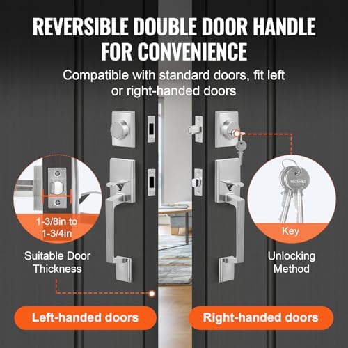 VEVOR Double Door Handle Set, Double Door Lock Set with Reversible Handle Lever, Satin Nickel Square Door Lever, Heavy Duty Double Front Door Handle Set with Dummy, for Front Door or Office Door