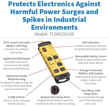 Eaton Tripp Lite series TLM825USB Heavy Duty Power Strip with Surge Protection & 2 USB Ports, 8 Outlets, 25ft Cord, 1960 Joules, Yellow Metal, Under Desk & Wall Mountable, Cord Wrap, Industrial Garage