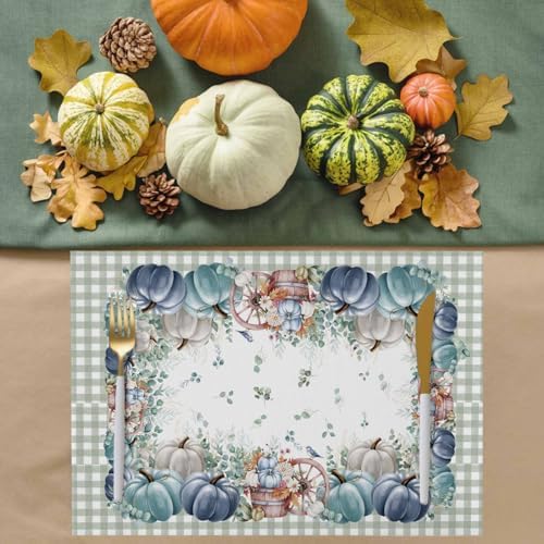 Fall Thanksgiving Placemat, Navy Blue Pumpkins Green Eucalyptus Leaves Heat Resistant Washable Table Place Mats Sage Farmhouse Plaid Table Linens Decor for Home Kitchen Dining Outdoor Indoor