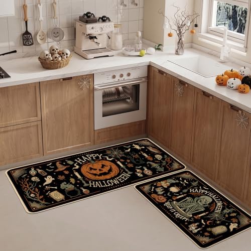 Baccessor Halloween Kitchen Rugs Set of 2, Vintage Skeleton Witch Black Kitchen Mats Low-Profile Non Slip Washable Rugs for Floor Home Decor 17x29 and 17x47 Inch