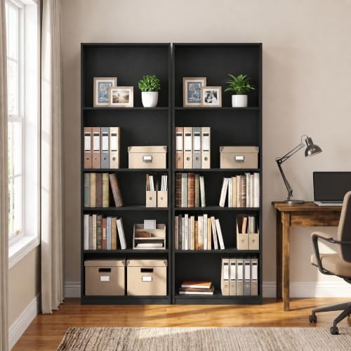 Furinno Jaya 5-Tier Book Shelf Set of 2, Adjustable Shelf, Black