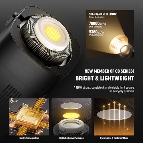 NEEWER CB120B 120W LED Video Light with 2.4G&APP Control COB Bi Color 2700K-6500K 78000lux at 1m/CCT Mode/CRI97/12 Scenes/Bowens Mount Continuous Output Lighting for Studio Photography/Video Recording