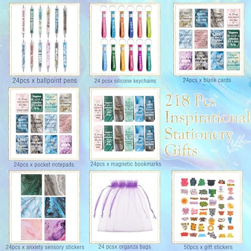 Pasimy 218 Pcs Inspirational Stationery Gifts Motivational Mini Notepad Pen Quote Bookmarks Stress Relief Stickers Inspiring Silicone Keychains for Home Office Appreciation Gift(Marble)