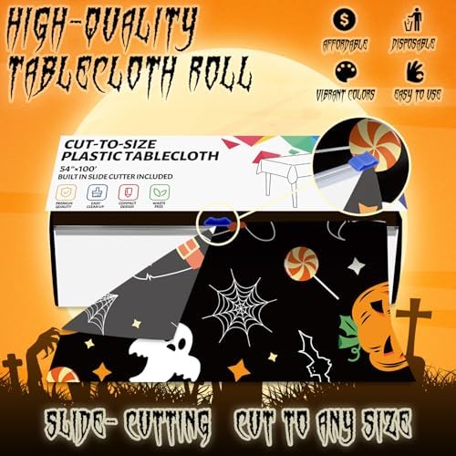 CXPSINC 54 Inch X 100 Feet Plastic Table Cover Roll Disposable Halloween Tablecloth with Slide Cutter Pumpkin Ghost Plistic Table Covers for Halloween Party Decorations((Pumpkin Ghost, 100 Feet)
