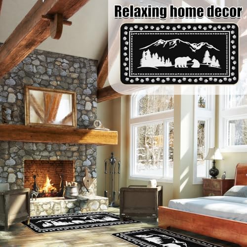 Pickmesh Set of 3 Kitchen Mats Cabin Bear Rugs Woodland Nursery Mat Decor Rustic Lodge Theme Area Rug with Bear and Cub Mountain Scene Cabin Carpet for Home Bathroom (Classic Style)