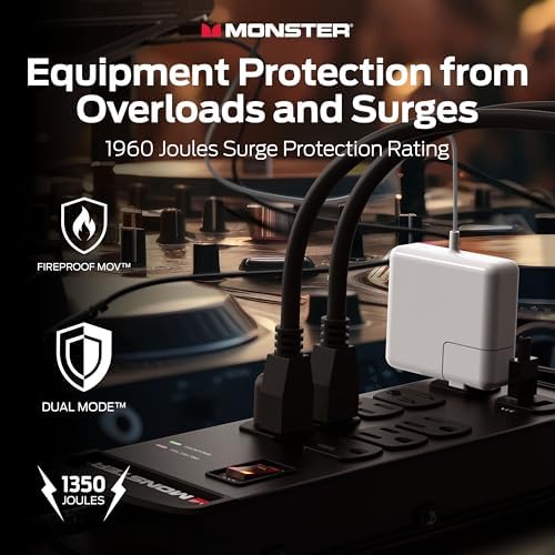 Monster Pro MI Professional Surge Protector Power Strip with Fireproof MOV Technology for Computers, Amplifiers, Pedal Boards, and Pro Audio Gear