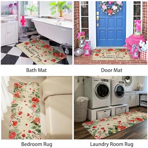 Valentines Day Kitchen Mat Set 2 Piece,Floral Love Hearts Red Rose Flowers Decorative Kitchen Rugs,Valentine's Day Low-Profile Mats for Home Kitchen Decor 17"x48"+17"x30"