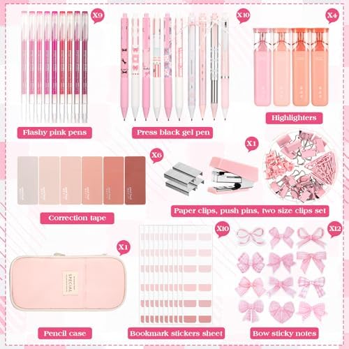 Eersida 58 Pcs Bow School Supplies Set, Pink Pencil Pouch Pens