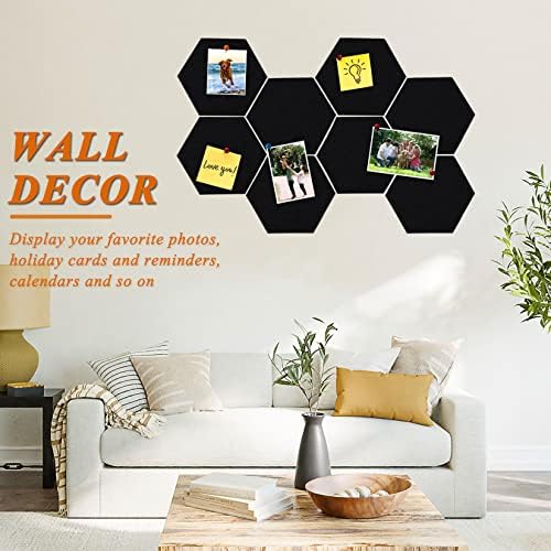 8Pcs Hexagon Felt Cork Board Tiles, Self Adhesive DIY Bulletin Board Pin Board for Office School Home Wall Decor Stickers Memos Photos Display (Black)