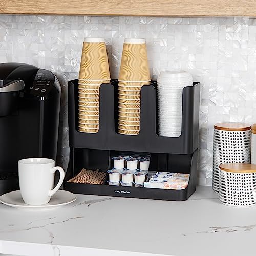 Mind Reader Condiment Station, 13 Inch Countertop Coffee Bar Organizer with 6 Compartments, Storage Caddy for Cups, Lids and Packets, Plastic, Black
