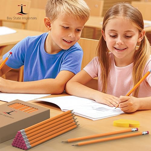 Bay State Importers #2 HB Pencils Bulk 50 Pack | Pre-Sharpened Yellow Wood Pencils with Erasers, Smooth Writing for School, Classroom, Teachers, Office, Exams & Drawing