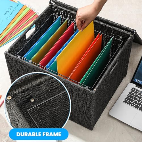 Cinnvoice Extra Large Decorative File Box 18 x 16 x 13 in Wicker Seagrass File Basket Organizer for Letter Legal Size Hand Woven Hanging Filing Cabinet with Lid for Office Paper Rope, Black