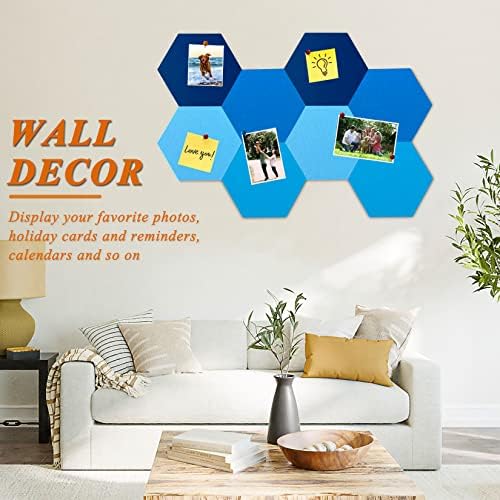 8Pcs Hexagon Felt Cork Board Tiles, Self Adhesive DIY Bulletin Board Pin Board for Office School Home Wall Decor Stickers Memos Photos Display (Gradual Blue)