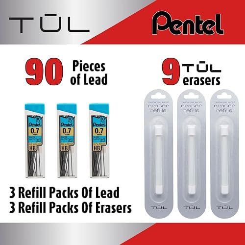 Mechanical Pencils Refill Set, Includes (3 Pack 9 Erasers), & Super Hi-Polymer 0.7 mm Lead Refills, 3 Pack Tubes, 90 Pieces Of Lead, (Refill Set)