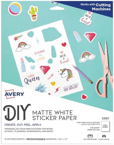 Avery Printable Sticker Paper, 8.5" x 11", Matte White, Repositionable Adhesive, Laser/Inkjet Compatible, 15 Full-Size Label Sheets, Great for Product Branding, Cute Stickers, Crafts, and More (3383)