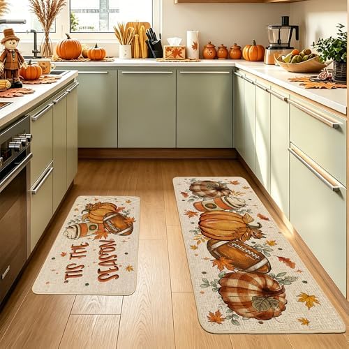 Baccessor Fall Kitchen Rugs Set of 2, Football Pumpkin Spice Latte Kitchen Mats for Floor Washable Low-Profile Farmhouse Autumn Holiday Home Indoor Outdoor Decor 17x29 and 17x47 Inch