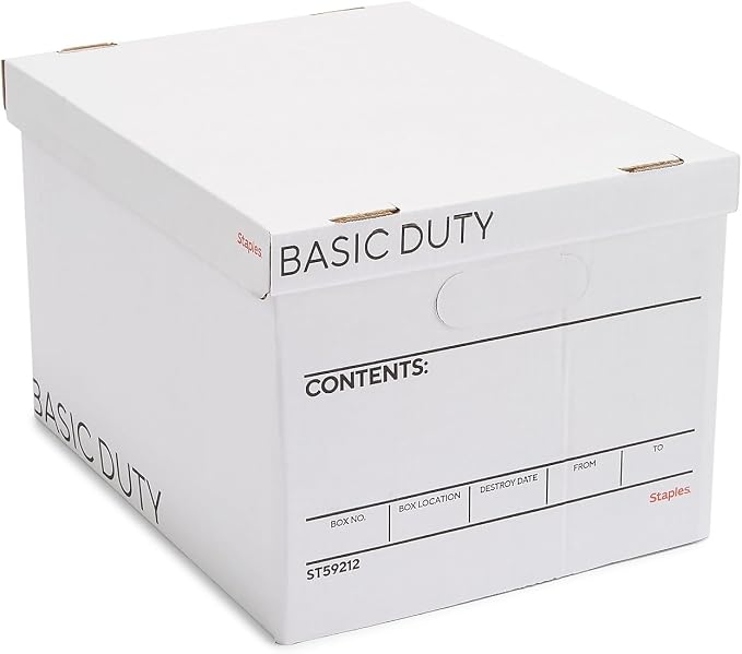 STAPLES Storage & Filing Box, Basic-Duty with Handles & Removeable Lid, Letter & Legal Size Documents, Stackable, 20-Pack, White/Black