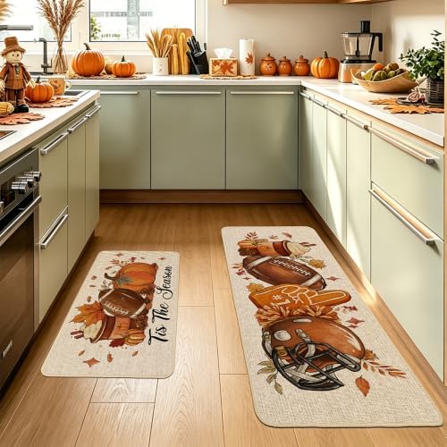 Baccessor Fall Pumpkin Kitchen Rugs Set of 2,Tis The Season Autumn Football Thanksgiving Farmhouse Mats Washable Non Slip Low-Profile Indoor Floor Holiday Hallway Sink Decor 17x29 and 17x47 Inch