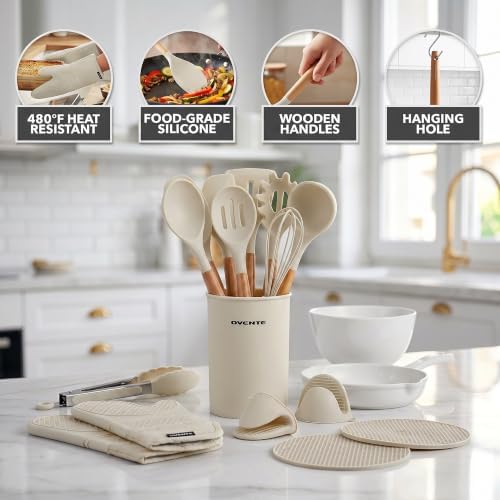 OVENTE Silicone Cooking Utensils Set, 17pcs, Heat Resistant, Cream SPS17CR