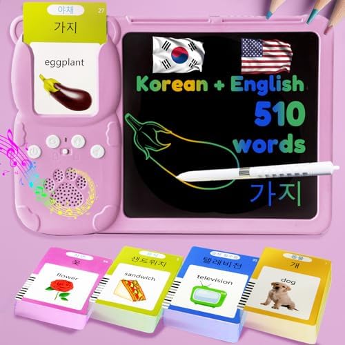 Writing Tablet with Bilingual Flash Cards for Kids, Korean, Pink