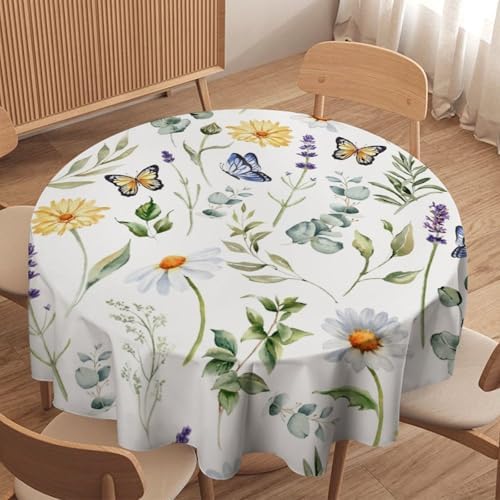 Watercolor Wildflowers Tablecloth, Summer Daisy Lavender Eucalyptus Branches Leaves Print Table Cover for Tea Party Weddings Indoor Outdoor Dining, 50x50in