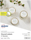 Avery Printable Round Labels, 2" Diameter, Matte White with Metallic Gold Borders, Permanent Adhesive, 120 Blank Labels, Great for Weddings, Showers, Holidays, and More (22875)