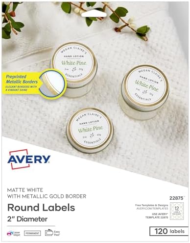 Avery Printable Round Labels, 2" Diameter, Matte White with Metallic Gold Borders, Permanent Adhesive, 120 Blank Labels, Great for Weddings, Showers, Holidays, and More (22875)