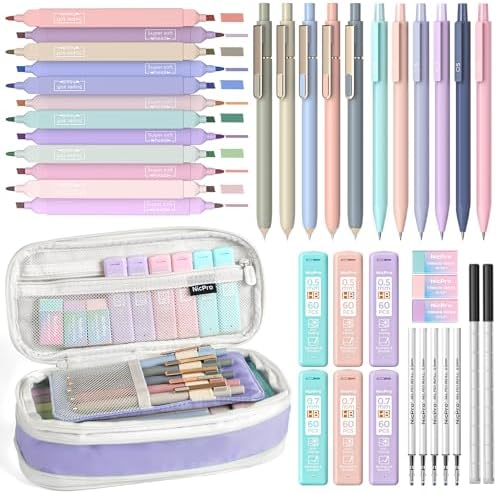 Nicpro School Supplies Stationary Set with Pencil Case, 39 PCS Purple | Back to Schoo Supplies, Pen Case with 12 Highlighter, 5 Gel Pen, 6 Mechanical Pencil, Essentials for College, Nursing Student