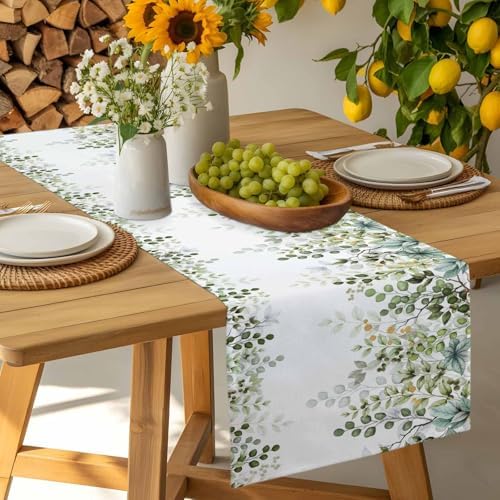 Green Eucalyptus Leaf Table Runner Dresser Scarf 13 x 36 Inch Farm Sage Green Orange Leaves Branch Table Runners Non-Slip Heat Kitchen Dining Tabletop Cover for Indoor Outdoor Home Party Decoration