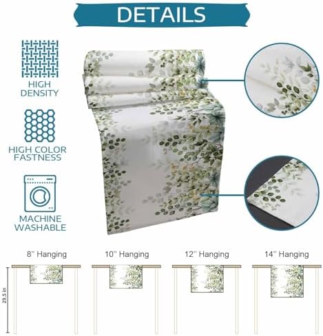 Green Eucalyptus Leaf Table Runner Dresser Scarf 13 x 72 Inch Farm Sage Green Orange Leaves Branch Table Runners Non-Slip Heat Kitchen Dining Tabletop Cover for Indoor Outdoor Home Party Decoration