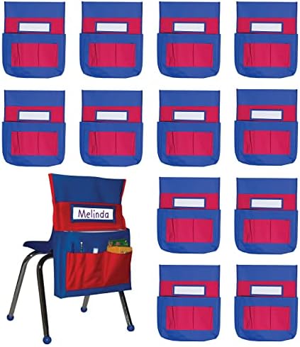 Carson Dellosa Chair Pockets for Classroom, Blue & Red, 12-Pack | Durable 15x19" Chairback Buddy for Classroom Supplies, Desk Buddy Pocket Organizer with Name Tag, Back of Chair Storage
