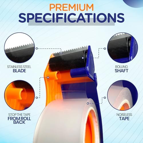Packing Tape with Dispenser, Heavy-Duty Clear BOPP, Strong Adhesive, 48 mm x 66.6 yd, 6 Rolls + 2 Dispensers
