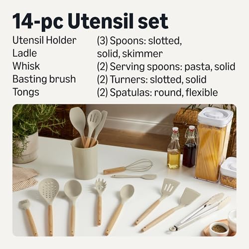 Amazon Basics Silicone Cooking Utensils Set with Wooden Handle, 14-Piece, BPA-Free, Utensil Holder Included, Linen Gray
