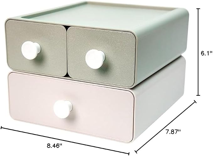 2 PCS Stackable Plastic Desk Organizer, Drawer Type Desktop Storage Box, Cosmetics Makeup Stationery, Gel Pens, Pencils, Markers, Tape, Erasers, Paperclips, Chargers, MD-2012 (Beige&Green)