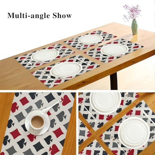 ALAZA Playing Card Suits in Red Black Pattern Set of 6 Placemats Rectangle Table Mat for Dining Table Restaurant Kitchen Home Decor, 12" x 18"