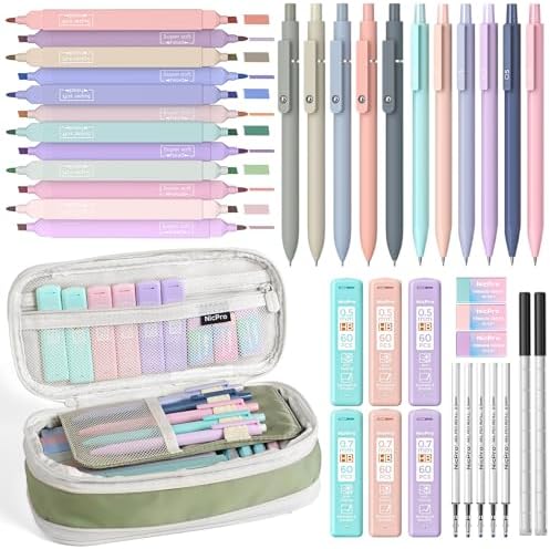 Nicpro Aesthetic School Supplies Stationary Set with Pen Case, 39 PCS Green | Back to Schoo Supplies, Pen Case with 12 Highlighter, 5 Gel Pen, 6 Mechanical Pencil, Essentials for College, Nursing Student