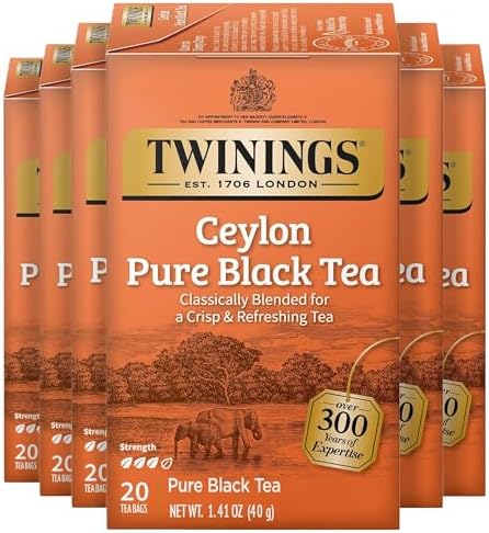 Twinings Ceylon Pure Black Tea, Wrapped Tea Bags, 20 CT Box (6 Pack)