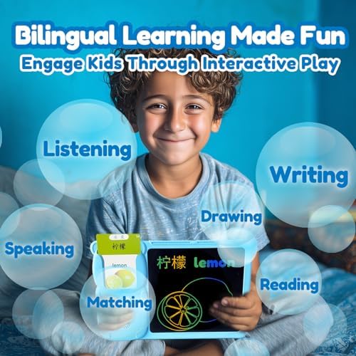 Writing Tablet with Bilingual Flash Cards for Kids, Chinese Blue