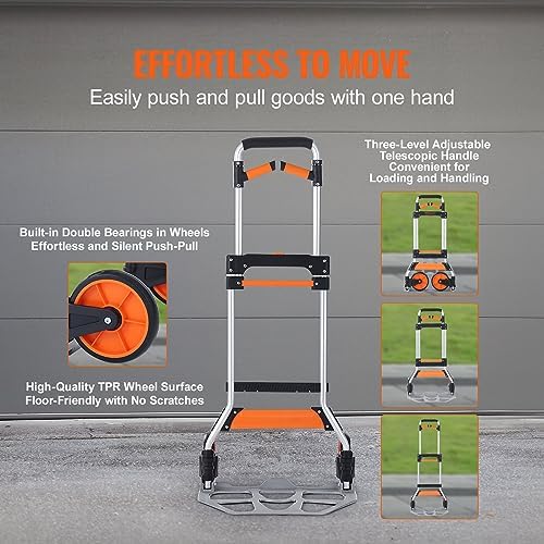 VEVOR Folding Hand Truck and Dolly, 309 Lbs Capacity, Aluminum Foldable Cart, Heavy-Duty Luggage Trolley Cart with Telescoping Handle and PP+TPR Wheels for Home, Office, Shopping, Travel