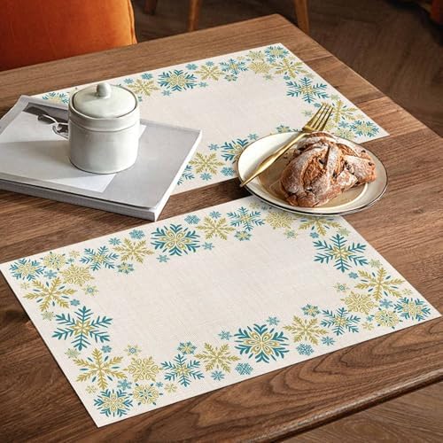 Gold Blue Snowflakes Christmas Placemat 1PC, Winter Xmas Holiday Heat Resistant Washable Table Place Mats Beige Cotton Table Linens Party Holiday Decor for Kitchen Dining Outdoor Indoor