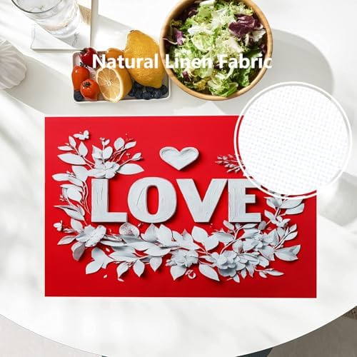 Batmerry Love Heart Linen Placemats Set of 4, Red Background with White Love Letters Washable Table Mats for Kitchen Table Thickened Heat Insulation Dining Set Indoor Outdoor 12X18 in