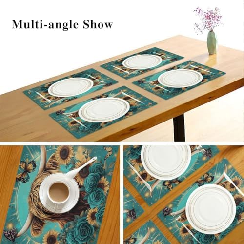 ALAZA Highland Cow Butterfly Rose 1 PC Placemats Rectangle Table Mat for Dining Table Restaurant Kitchen Home Decor, 12" x 18"