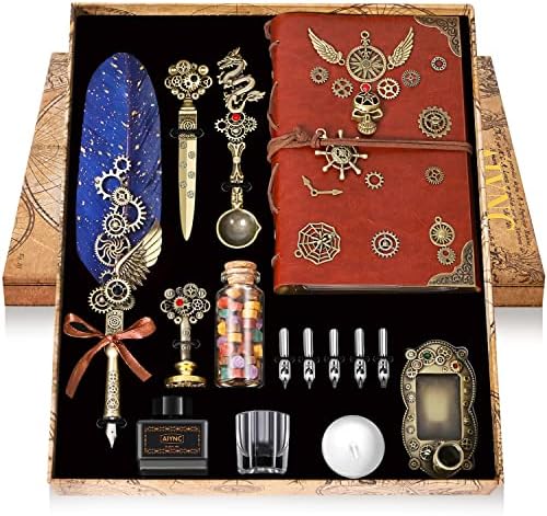 Quill Pen and Ink Set, Feather Pen Ink Set With Quill Pen, Notebook, 5 Replaceable Nibs, Seal Stamp, Spoon, Wax Beads, White Wax, Ink, Pen Holder, Cup, Envelope,Letter Paper,Envelope Tool(Blue)