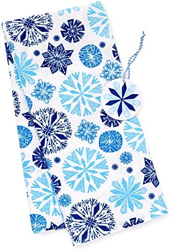 Hallmark 26" Reusable Christmas Gift Wrap (1 Fabric Wrap: Blue Snowflakes on Natural Cotton) for Holiday Parties, Hanukkah, Winter Weddings (Pack of 4)
